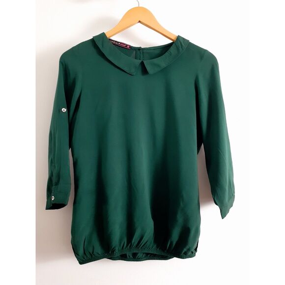 Crissa Peter Pan Collar Emerald Green Elastic Waist  Rolltab Sleeves Career TopM - Picture 1 of 14